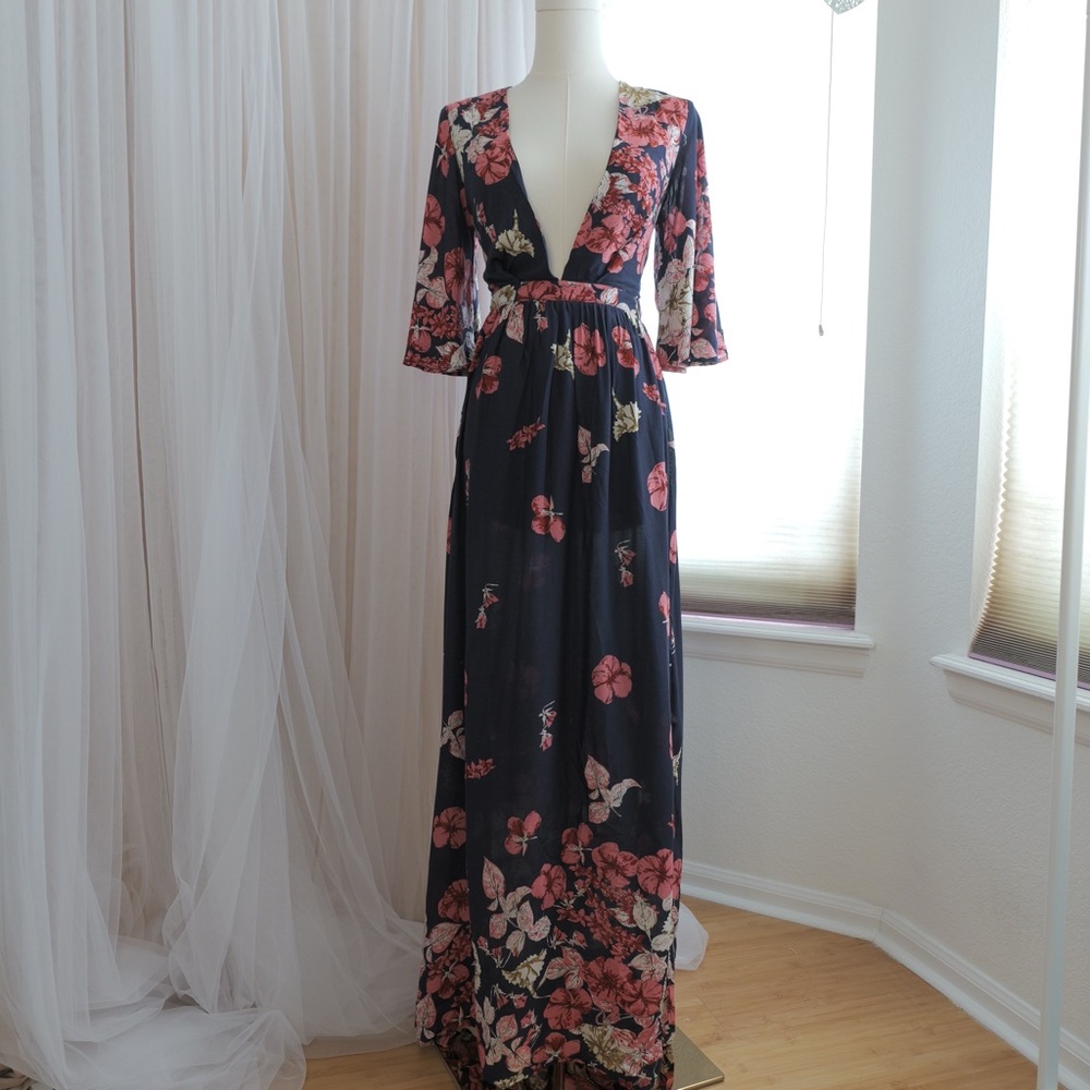Navy and Red Floral Maxi Resort Dress